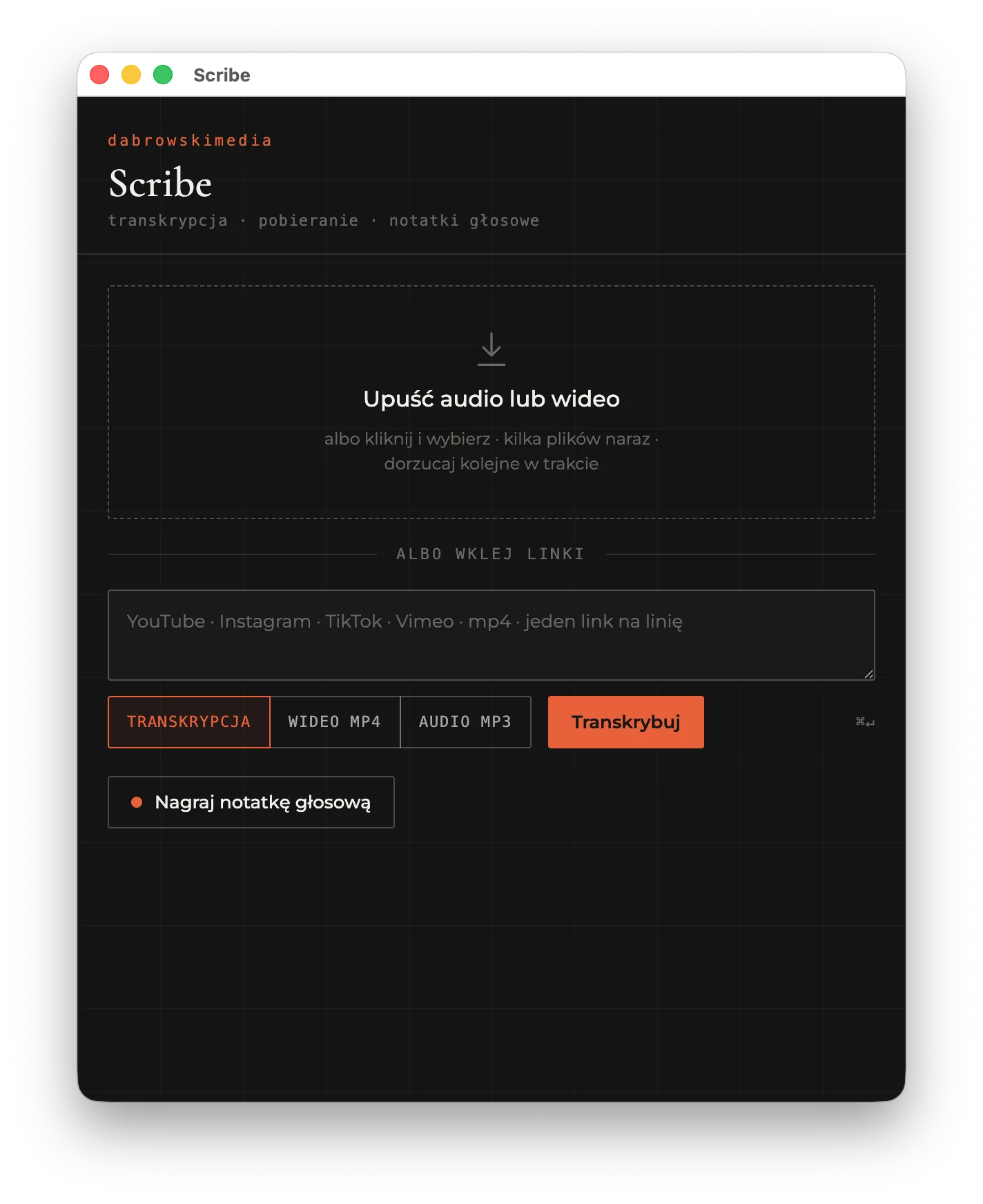 Scribe.app: a window with a drop zone for files, a field for pasting links and a Transcribe button